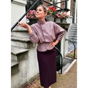 Vintage Blouse: Pale Pink & Purple Jewel Button Top, Voluminous Sleeves (Size 6)